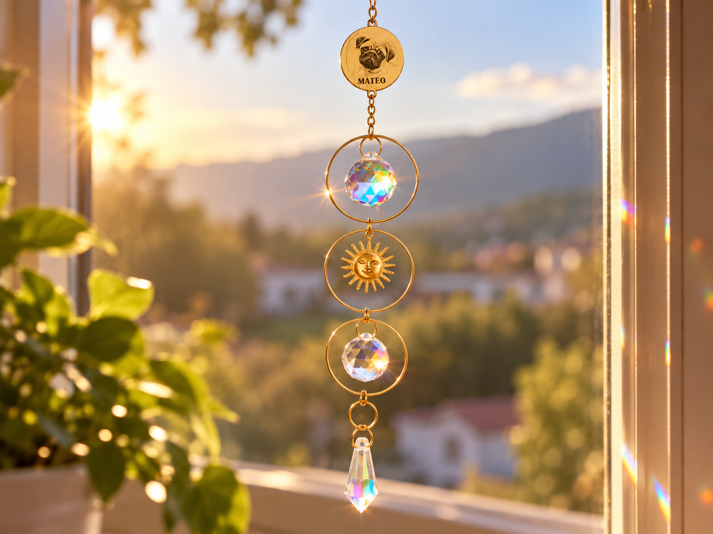 Atrapasol personalizado de Mateo proyectando reflejos de luz junto a una ventana
