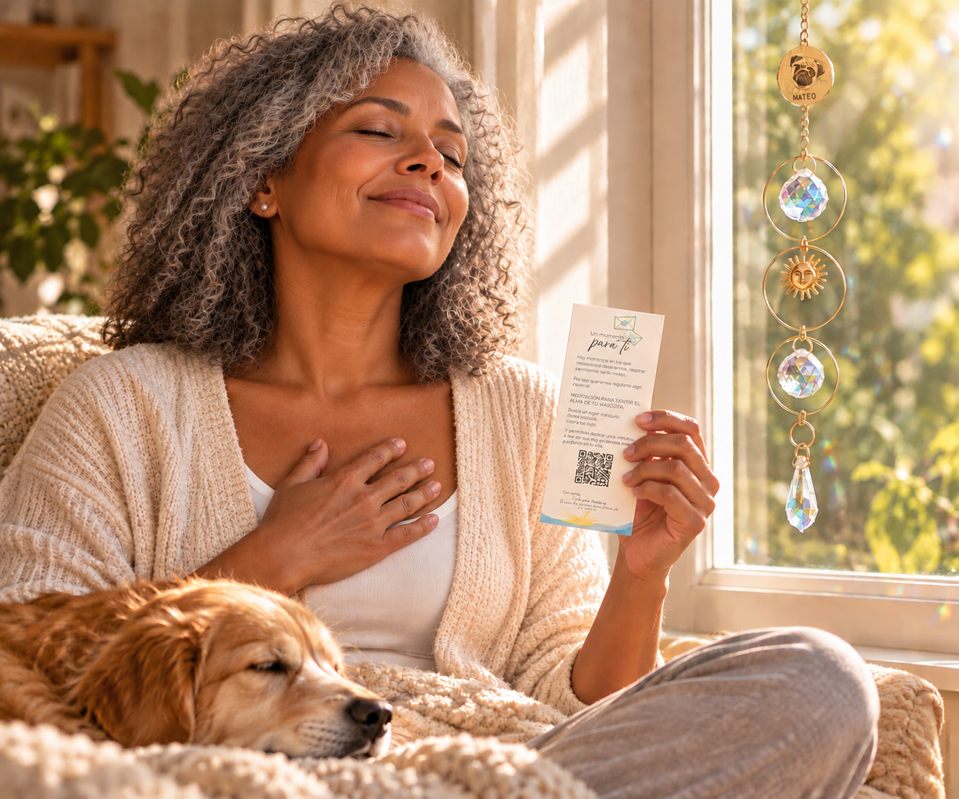 Mujer junto a su perro sosteniendo la tarjeta de meditación con su código QR